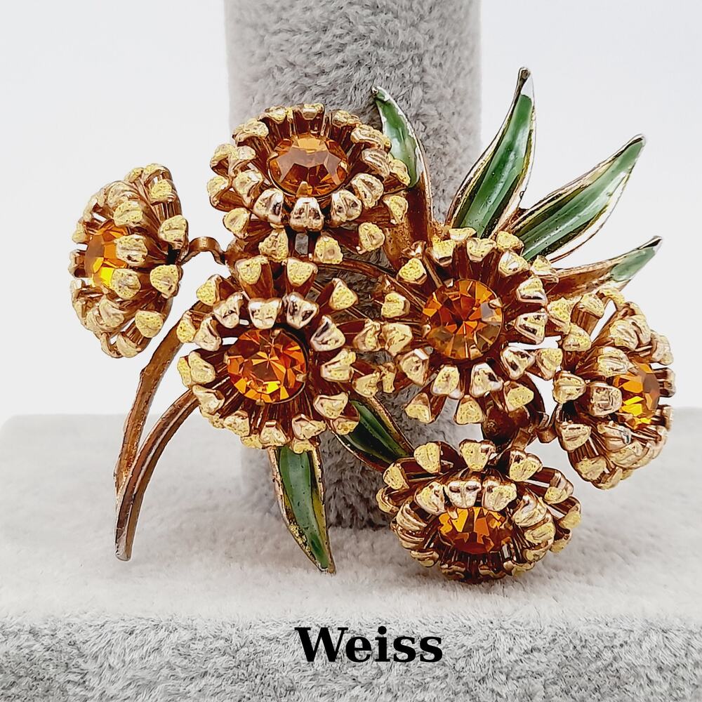 Vintage Weiss Sunflower Brooch Topaz Rhinestone Gold Tone 1950s